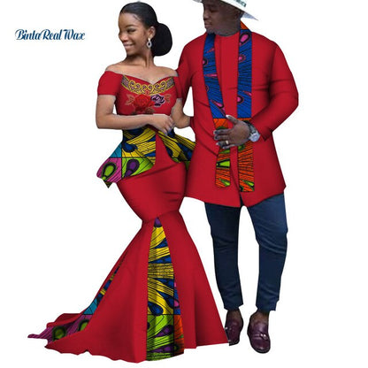 African Print Long Patchwork Dresses for Women Bazin Riche Men's Top Shirt Couple Clothing African Lovers Couple Clothes WYQ253