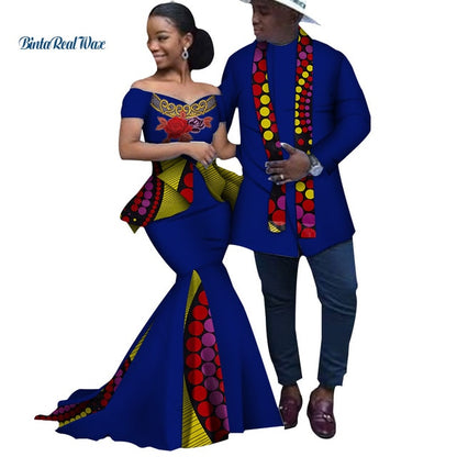 African Print Long Patchwork Dresses for Women Bazin Riche Men's Top Shirt Couple Clothing African Lovers Couple Clothes WYQ253