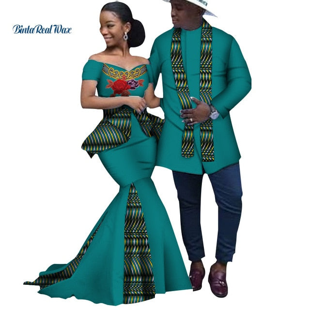 African Print Long Patchwork Dresses for Women Bazin Riche Men's Top Shirt Couple Clothing African Lovers Couple Clothes WYQ253