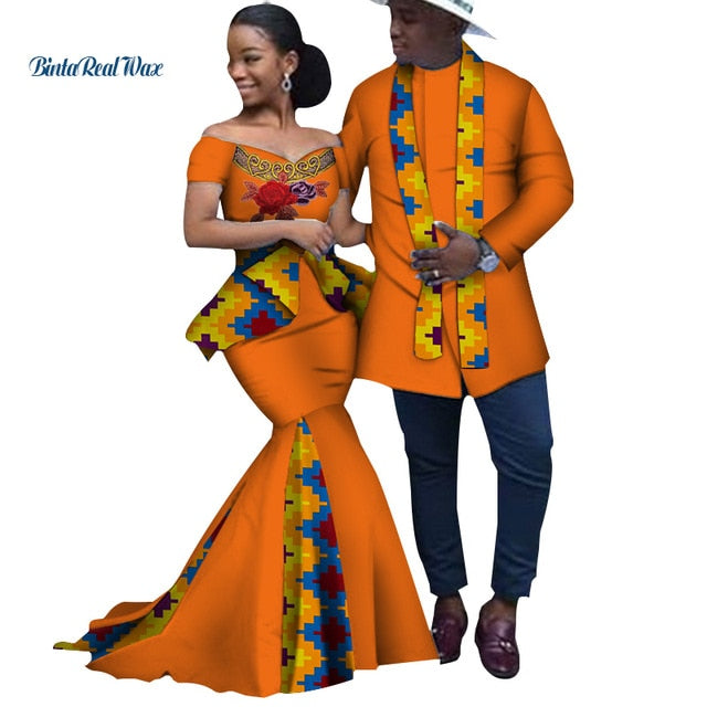 African Print Long Patchwork Dresses for Women Bazin Riche Men's Top Shirt Couple Clothing African Lovers Couple Clothes WYQ253