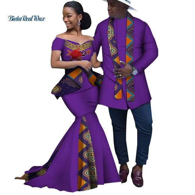 African Print Long Patchwork Dresses for Women Bazin Riche Men's Top Shirt Couple Clothing African Lovers Couple Clothes WYQ253