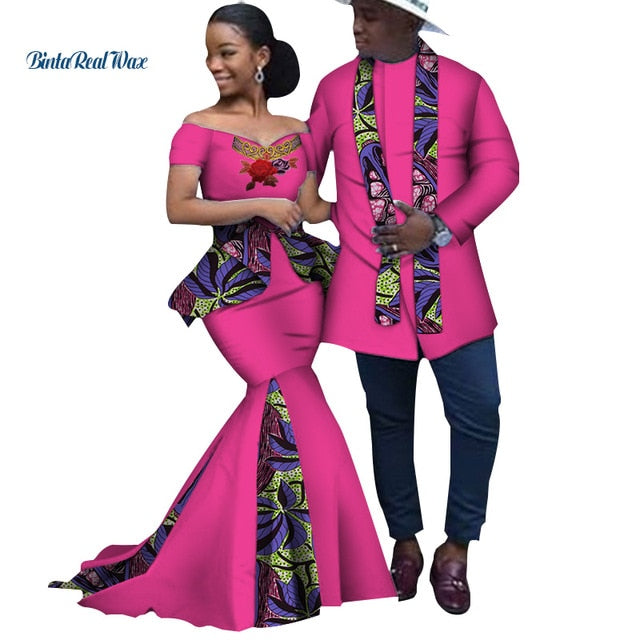 African Print Long Patchwork Dresses for Women Bazin Riche Men's Top Shirt Couple Clothing African Lovers Couple Clothes WYQ253