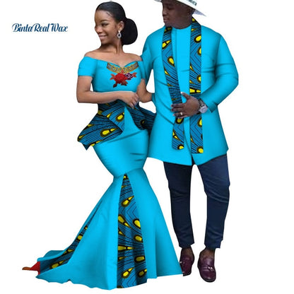 African Print Long Patchwork Dresses for Women Bazin Riche Men's Top Shirt Couple Clothing African Lovers Couple Clothes WYQ253
