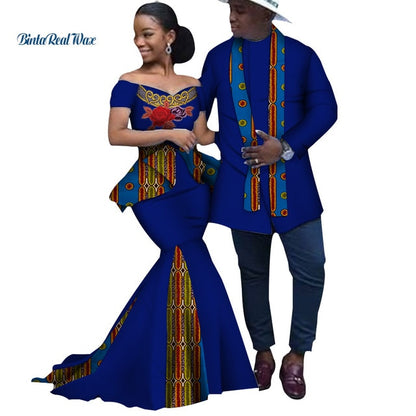 African Print Long Patchwork Dresses for Women Bazin Riche Men's Top Shirt Couple Clothing African Lovers Couple Clothes WYQ253