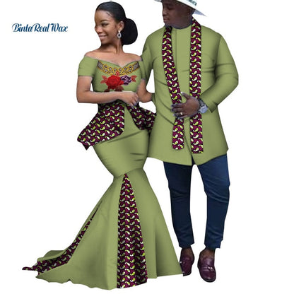 African Print Long Patchwork Dresses for Women Bazin Riche Men's Top Shirt Couple Clothing African Lovers Couple Clothes WYQ253