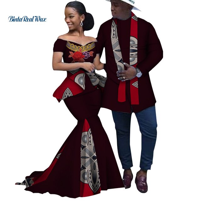African Print Long Patchwork Dresses for Women Bazin Riche Men's Top Shirt Couple Clothing African Lovers Couple Clothes WYQ253