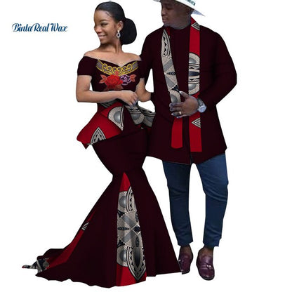African Print Long Patchwork Dresses for Women Bazin Riche Men's Top Shirt Couple Clothing African Lovers Couple Clothes WYQ253