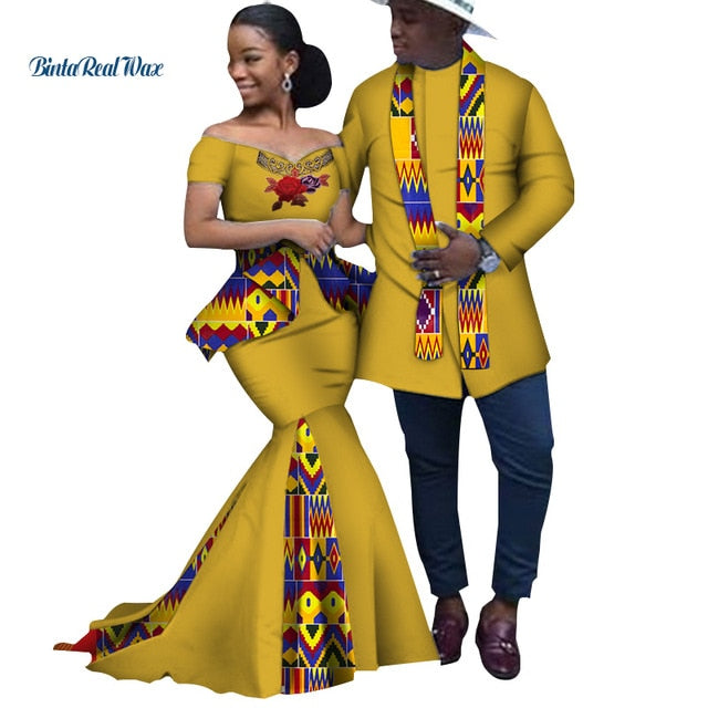 African Print Long Patchwork Dresses for Women Bazin Riche Men's Top Shirt Couple Clothing African Lovers Couple Clothes WYQ253