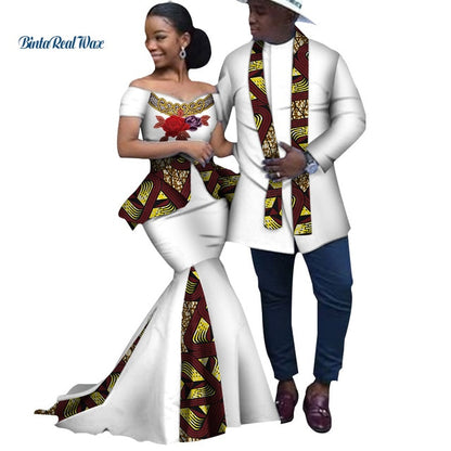 African Print Long Patchwork Dresses for Women Bazin Riche Men's Top Shirt Couple Clothing African Lovers Couple Clothes WYQ253