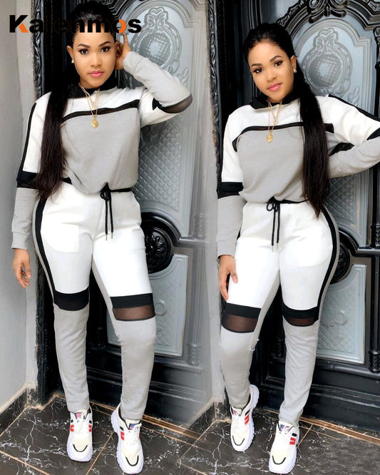 Kalenmos Tracksuit Women Sets 2 Piece Autumn Mesh Sports Jogger Zip Print  Long Sleeve Hooded Sweatshirt Casual Trouser Suit Set