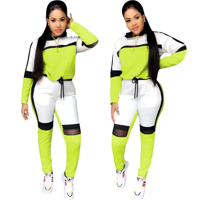Kalenmos Tracksuit Women Sets 2 Piece Autumn Mesh Sports Jogger Zip Print  Long Sleeve Hooded Sweatshirt Casual Trouser Suit Set