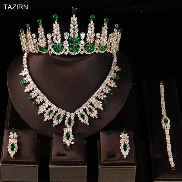 Luxury Zircon Wedding Bridal Jewelry Sets Cubic Zirconia Party Tall Tiara Queen Crown Necklace Bracelet Earrings Rings Sets