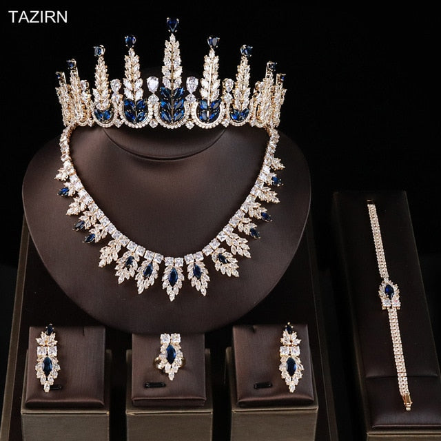 Luxury Zircon Wedding Bridal Jewelry Sets Cubic Zirconia Party Tall Tiara Queen Crown Necklace Bracelet Earrings Rings Sets