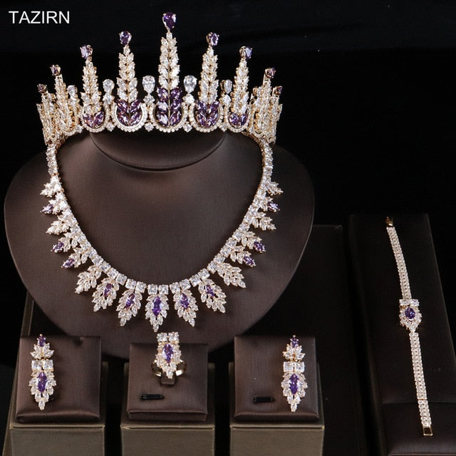 Luxury Zircon Wedding Bridal Jewelry Sets Cubic Zirconia Party Tall Tiara Queen Crown Necklace Bracelet Earrings Rings Sets