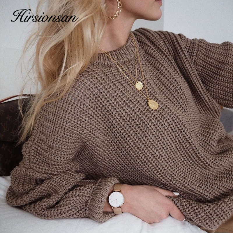 Hirsionsan Women's Korean Knitted Sweater Oversized Warm Female Pullovers Fashion Solid Tops