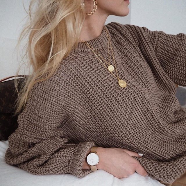 Hirsionsan Women's Korean Knitted Sweater Oversized Warm Female Pullovers Fashion Solid Tops