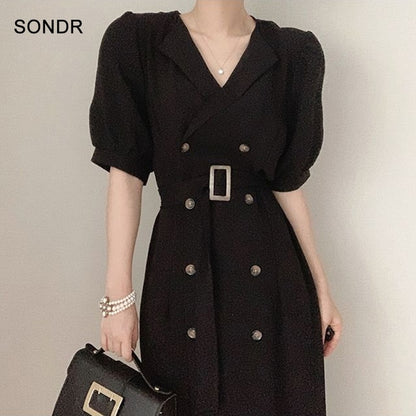 Women's Korean Style Jacket Dress Retro Elegant Office 2020 Summer Women New Dress Korean One Piece Puff Sleeve  A-Line Casual Dresses Midi Dresses