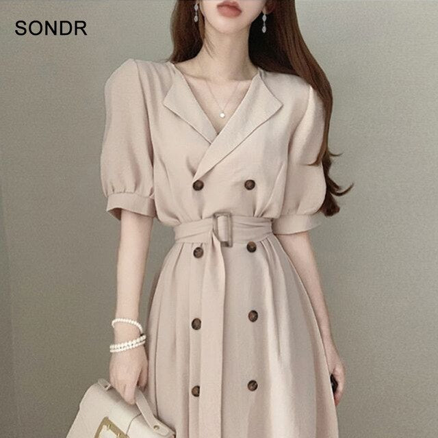 Women's Korean Style Jacket Dress Retro Elegant Office 2020 Summer Women New Dress Korean One Piece Puff Sleeve  A-Line Casual Dresses Midi Dresses