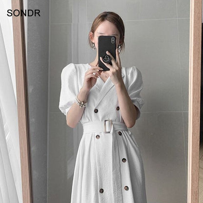 Women's Korean Style Jacket Dress Retro Elegant Office 2020 Summer Women New Dress Korean One Piece Puff Sleeve  A-Line Casual Dresses Midi Dresses