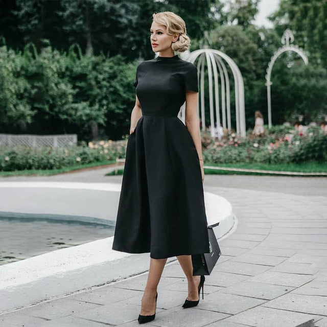 Elegant Black Dress Women Vintage Ladies Fit Flare Prom Party Night Formal Dress 2020 Retro Dresses Winter D30