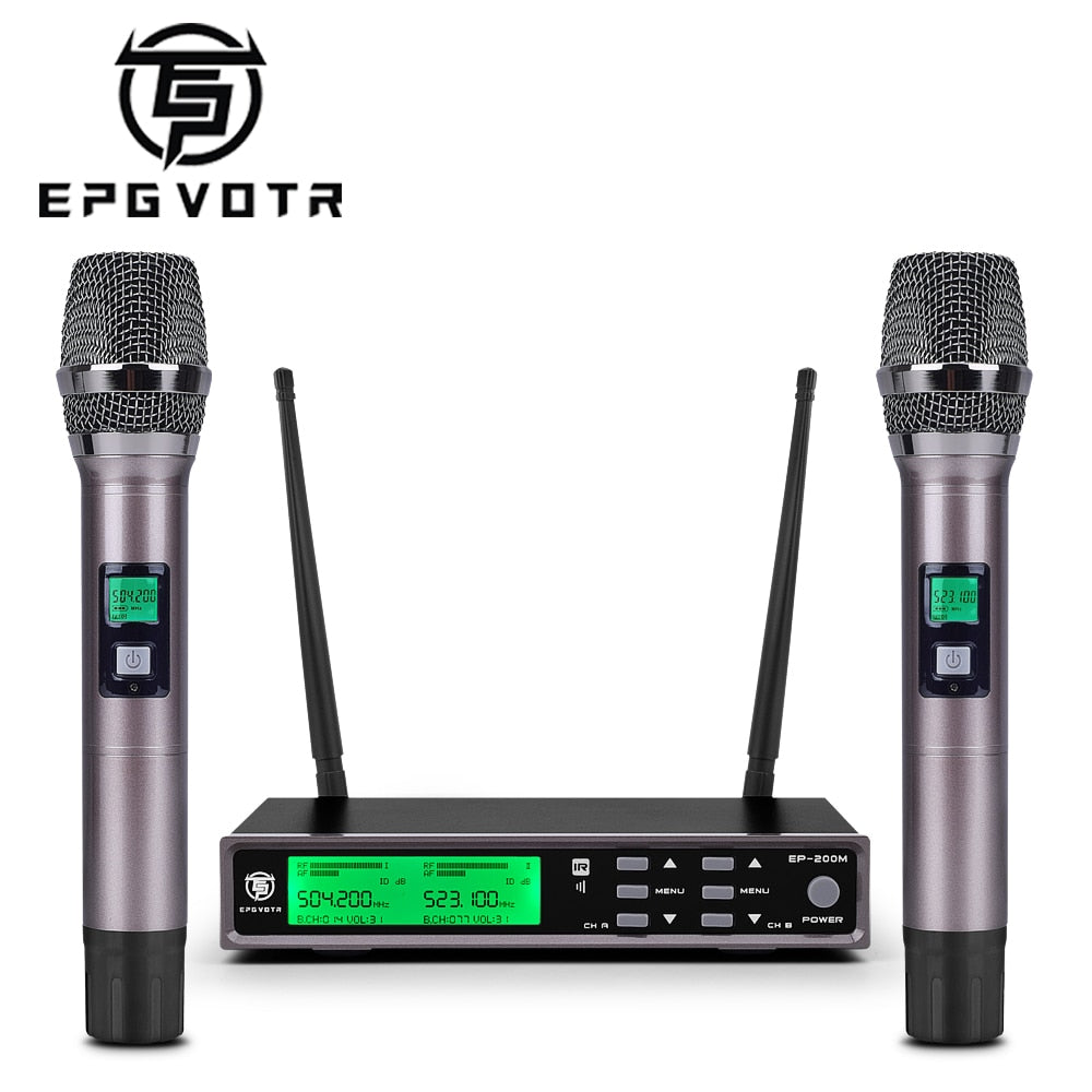 EPGVOTR EP-200M UHF Wireless Microphone System with ECHO Effect Treble Bass 200 Channels 100 Meters Full Metal Dual Handheld Mic