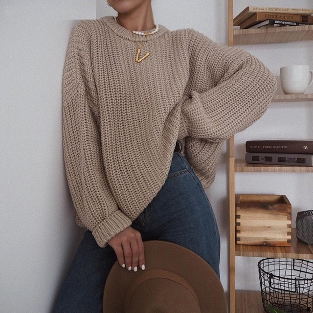 Hirsionsan Women's Korean Knitted Sweater Oversized Warm Female Pullovers Fashion Solid Tops