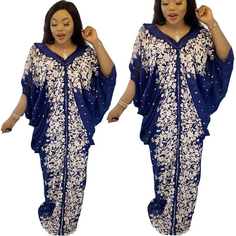 African Mother Loose Robe V-neck Printed Bat Sleeve Dress New Women's Dress 2020