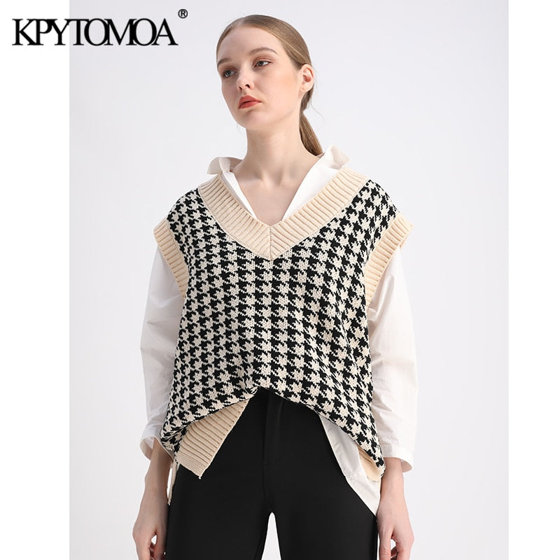 Women Houndstooth Knitted Vest Sweater