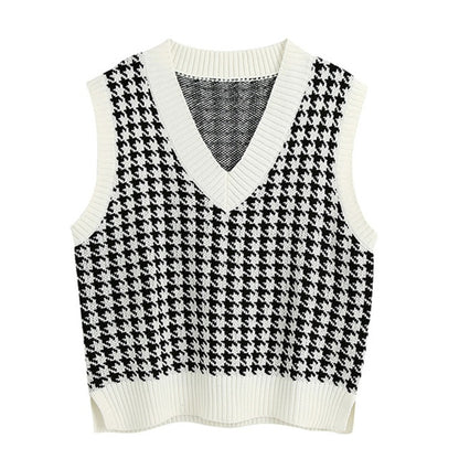Women Houndstooth Knitted Vest Sweater