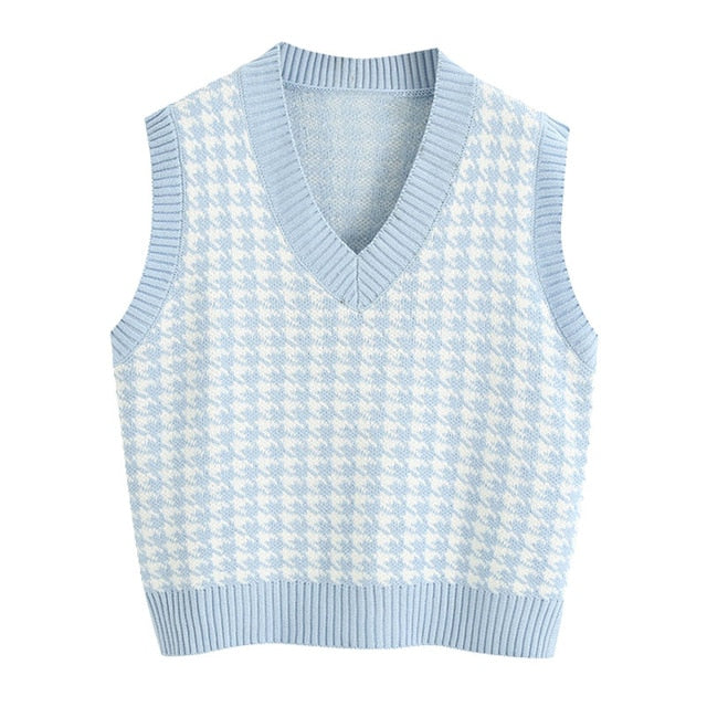 Women Houndstooth Knitted Vest Sweater