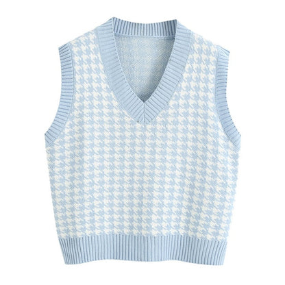 Women Houndstooth Knitted Vest Sweater