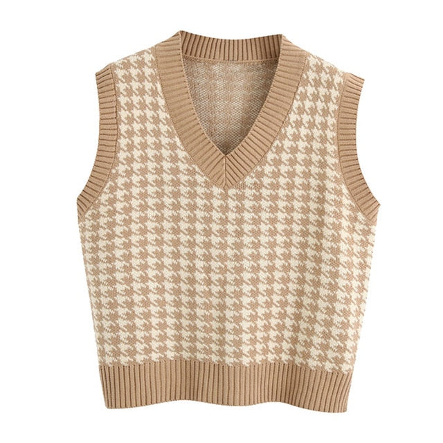 Women Houndstooth Knitted Vest Sweater