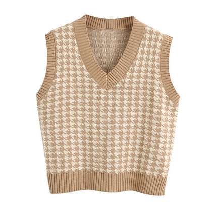 Women Houndstooth Knitted Vest Sweater