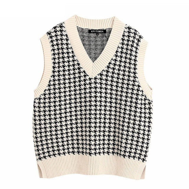 Women Houndstooth Knitted Vest Sweater