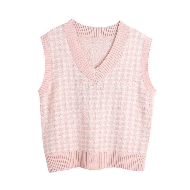 Women Houndstooth Knitted Vest Sweater