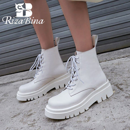 Woman Real Leather Ankle Boots Lace Up