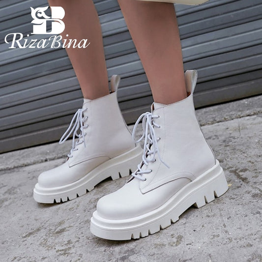 Woman Real Leather Ankle Boots Lace Up