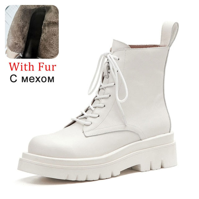 Woman Real Leather Ankle Boots Lace Up