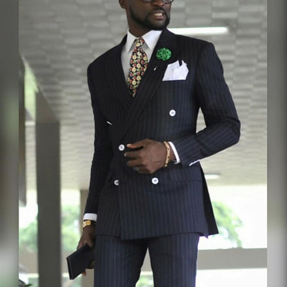 Pinstripe Double Breasted Business Suits for Men Formal Wedding Tuxedo with Peaked Lapel 2 Piece Male Jacket Pants Costume