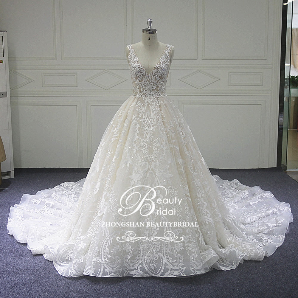 Luxury backless 2020 wedding dress custom made Chapel Train lace shoulders Vintage with Crystal bridal gown XF18016