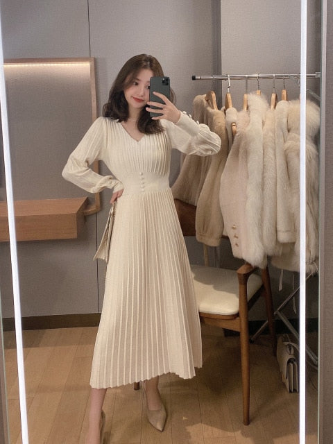 Knitted Dress Women Casual Long Sleeve Vintage Elegant Office Sweater Dress Female 2020 Winter One-piece Dress Korean Outerwear