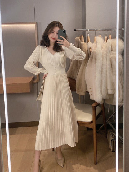 Knitted Dress Women Casual Long Sleeve Vintage Elegant Office Sweater Dress Female 2020 Winter One-piece Dress Korean Outerwear