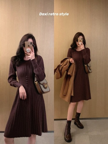 Knitted Dress Women Casual Long Sleeve Vintage Elegant Office Sweater Dress Female 2020 Winter One-piece Dress Korean Outerwear
