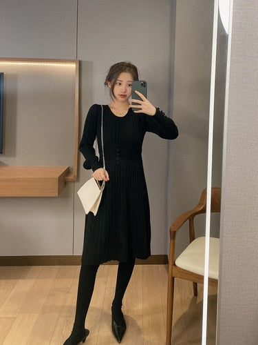 Knitted Dress Women Casual Long Sleeve Vintage Elegant Office Sweater Dress Female 2020 Winter One-piece Dress Korean Outerwear