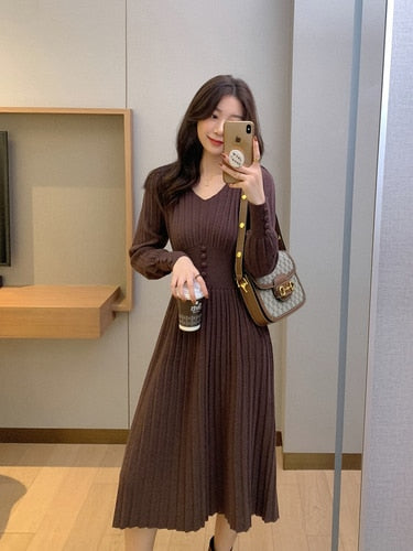 Knitted Dress Women Casual Long Sleeve Vintage Elegant Office Sweater Dress Female 2020 Winter One-piece Dress Korean Outerwear