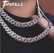 Cargar imagen en el visor de la galería, TOPGRILLZ 14mm Miami Prong Set Cuban Chains Necklace For Men Gold Color Hip Hop Jewelry Pink CZ Rapper Necklace
