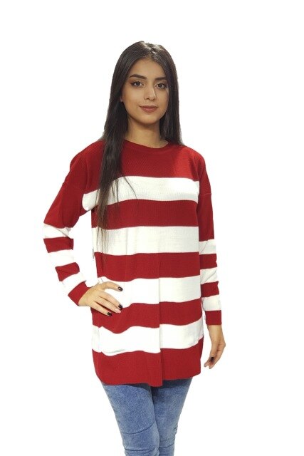 STRIPED RED WHİTE LONG SWEATER KEEPS WARM