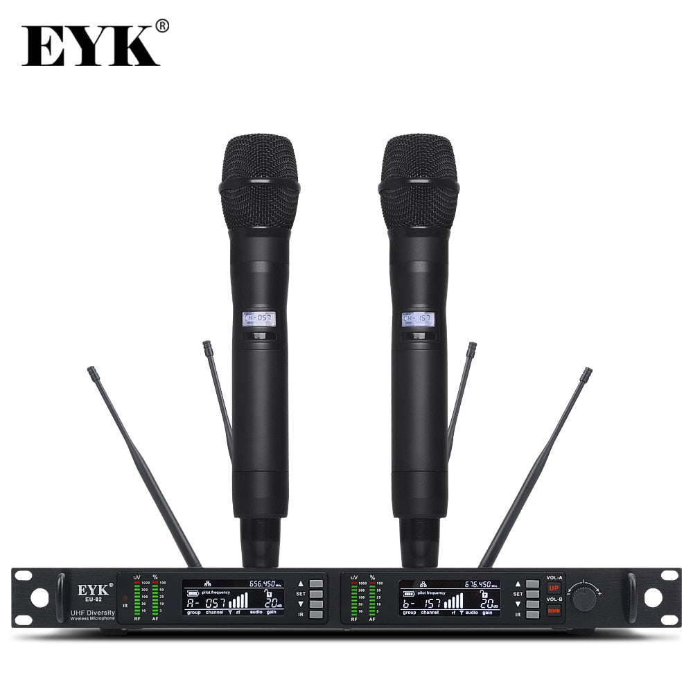 EYK EU-82 Professional Stage Performance Wireless Microphone System UHF True Diversity with two Metal Handheld Mic