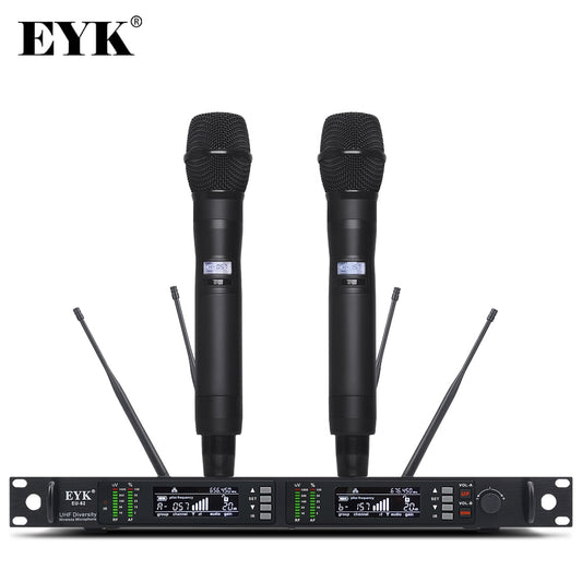EYK EU-82 Professional Stage Performance Wireless Microphone System UHF True Diversity with two Metal Handheld Mic