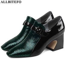 将图片加载到图库查看器，ALLBITEFO Two kinds of genuine leather high heel shoes women heels spring autumn high heels Belt buckle office ladies shoes
